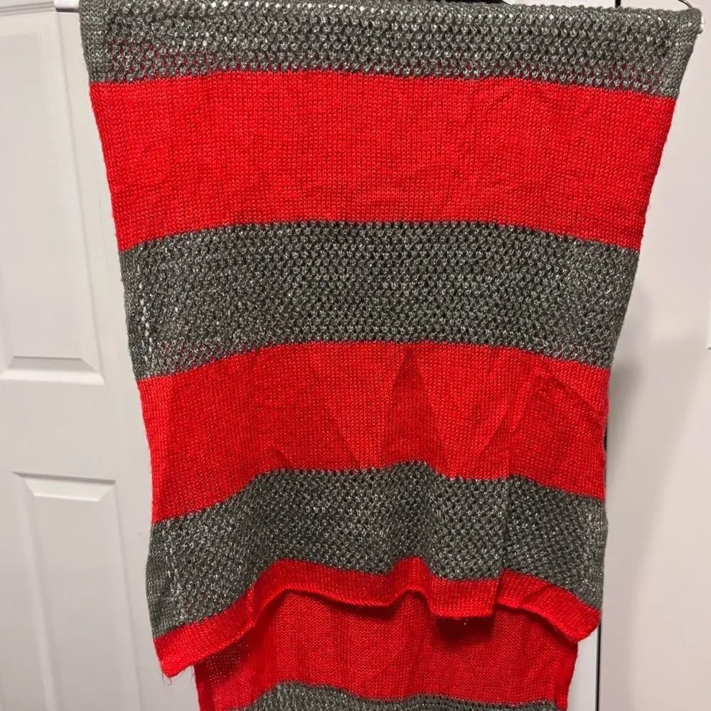 J. Jill Women's Red Gray Silver Sparkles Wide Striped Knit Head Neck Scarf Grey